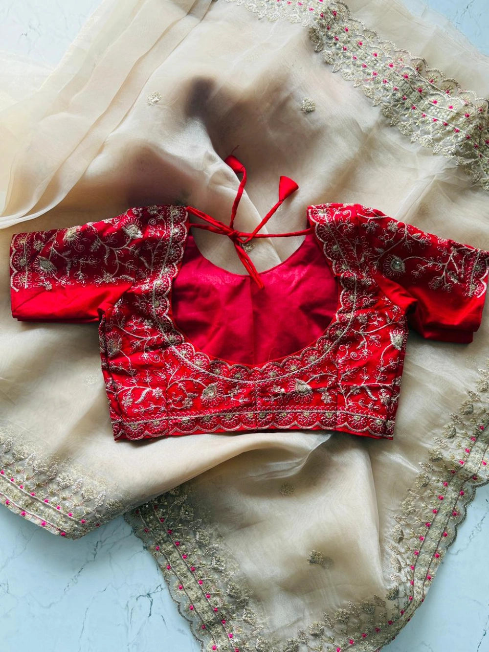 Premium Organza Gold Tissue Saree with Multicolor Zari Thread Work & Scalloped Border – Contrast Red Blouse Included