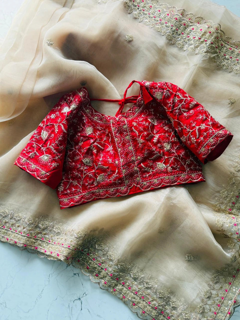Premium Organza Gold Tissue Saree with Multicolor Zari Thread Work & Scalloped Border – Contrast Red Blouse Included