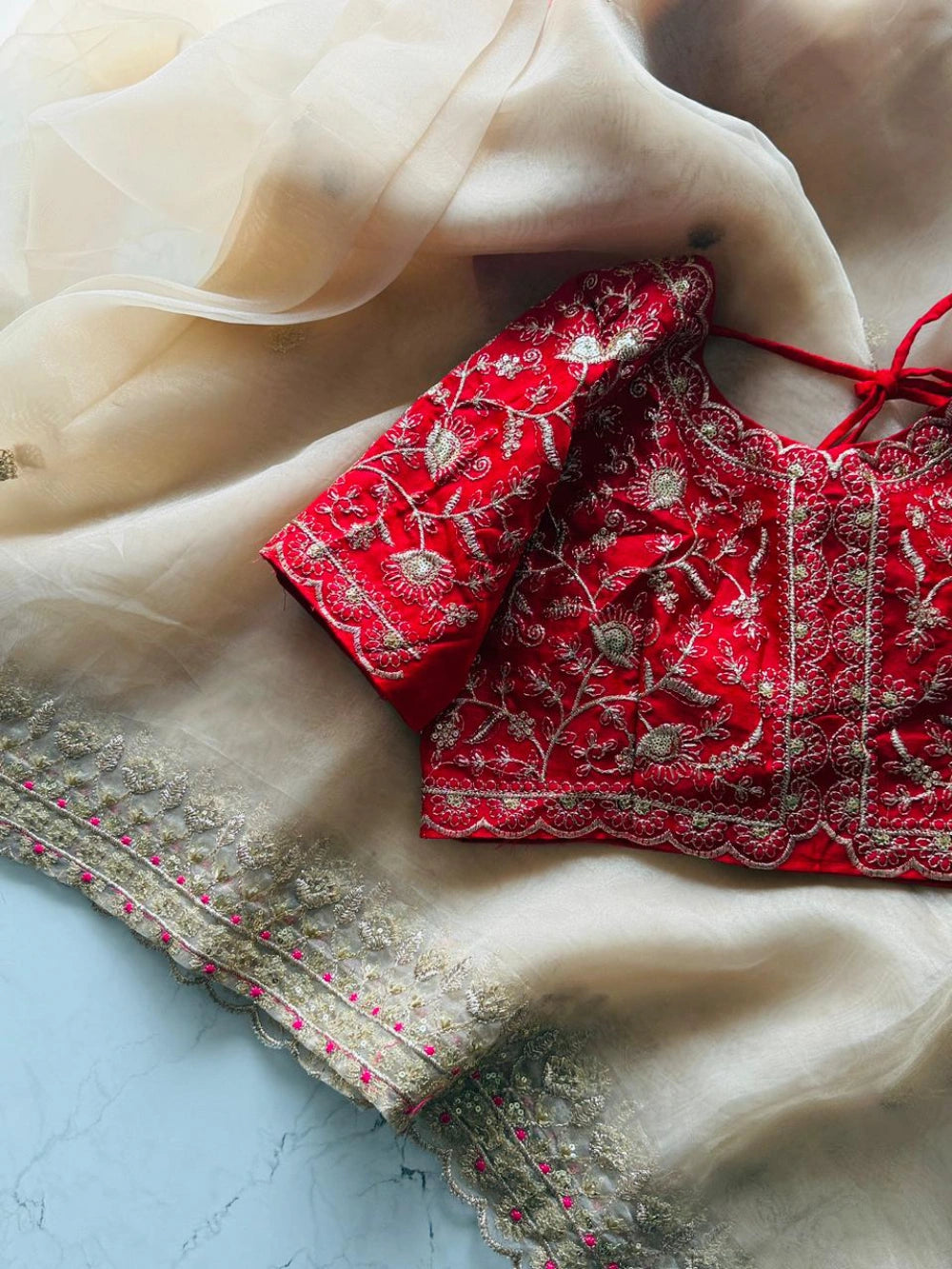 Premium Organza Gold Tissue Saree with Multicolor Zari Thread Work & Scalloped Border – Contrast Red Blouse Included