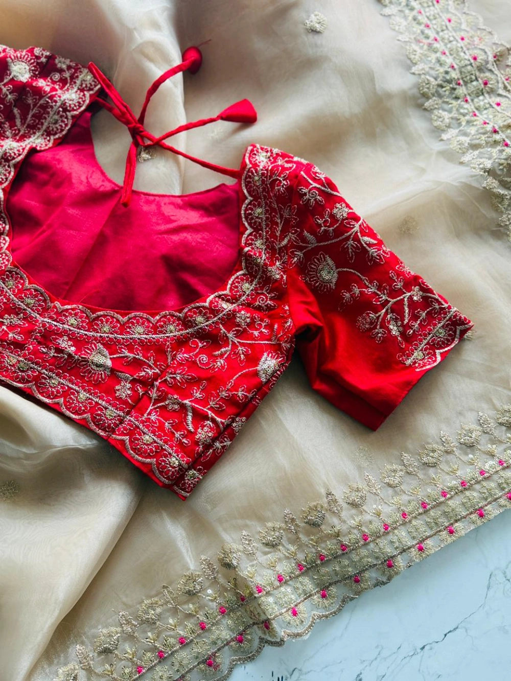 Premium Organza Gold Tissue Saree with Multicolor Zari Thread Work & Scalloped Border – Contrast Red Blouse Included