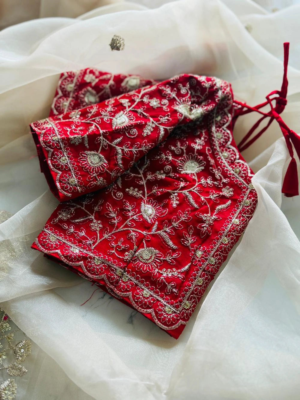 Premium Organza Gold Tissue Saree with Multicolor Zari Thread Work & Scalloped Border – Contrast Red Blouse Included