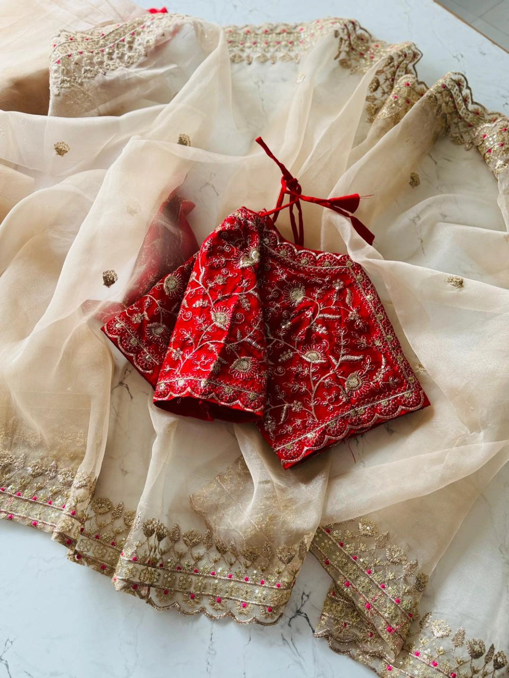 Premium Organza Gold Tissue Saree with Multicolor Zari Thread Work & Scalloped Border – Contrast Red Blouse Included
