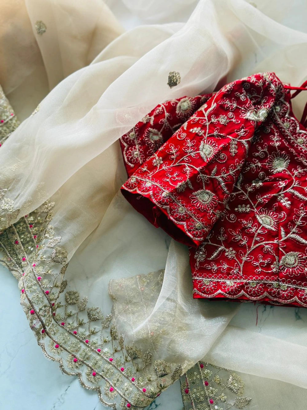 Premium Organza Gold Tissue Saree with Multicolor Zari Thread Work & Scalloped Border – Contrast Red Blouse Included