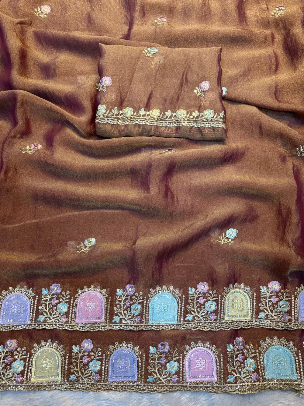 Star Satin Georgette Saree with Embroidered Thread & Sequin Border – Running Work Blouse Included