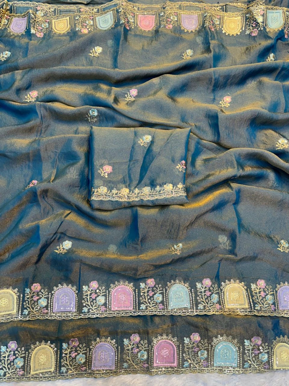 Star Satin Georgette Saree with Embroidered Thread & Sequin Border – Running Work Blouse Included
