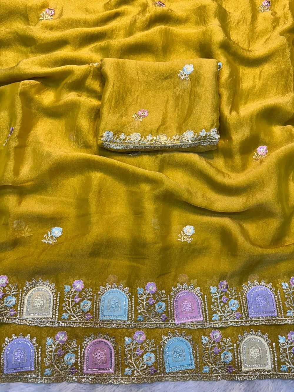 Star Satin Georgette Saree with Embroidered Thread & Sequin Border – Running Work Blouse Included