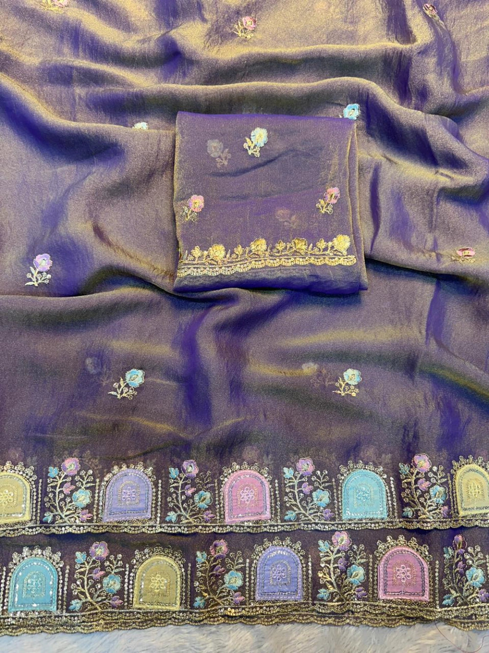 Star Satin Georgette Saree with Embroidered Thread & Sequin Border – Running Work Blouse Included