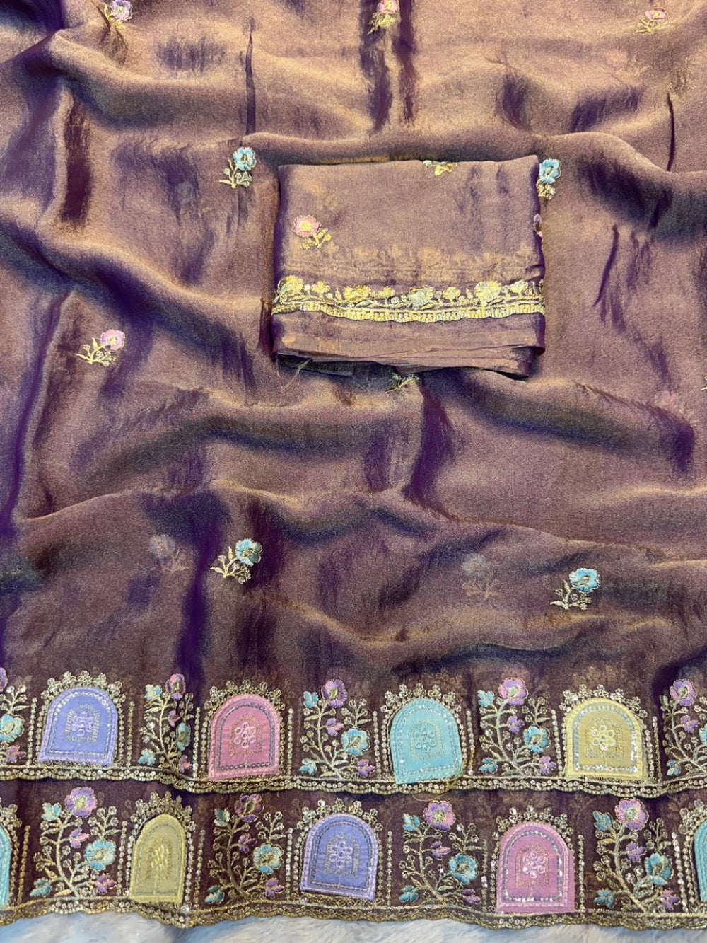 Star Satin Georgette Saree with Embroidered Thread & Sequin Border – Running Work Blouse Included