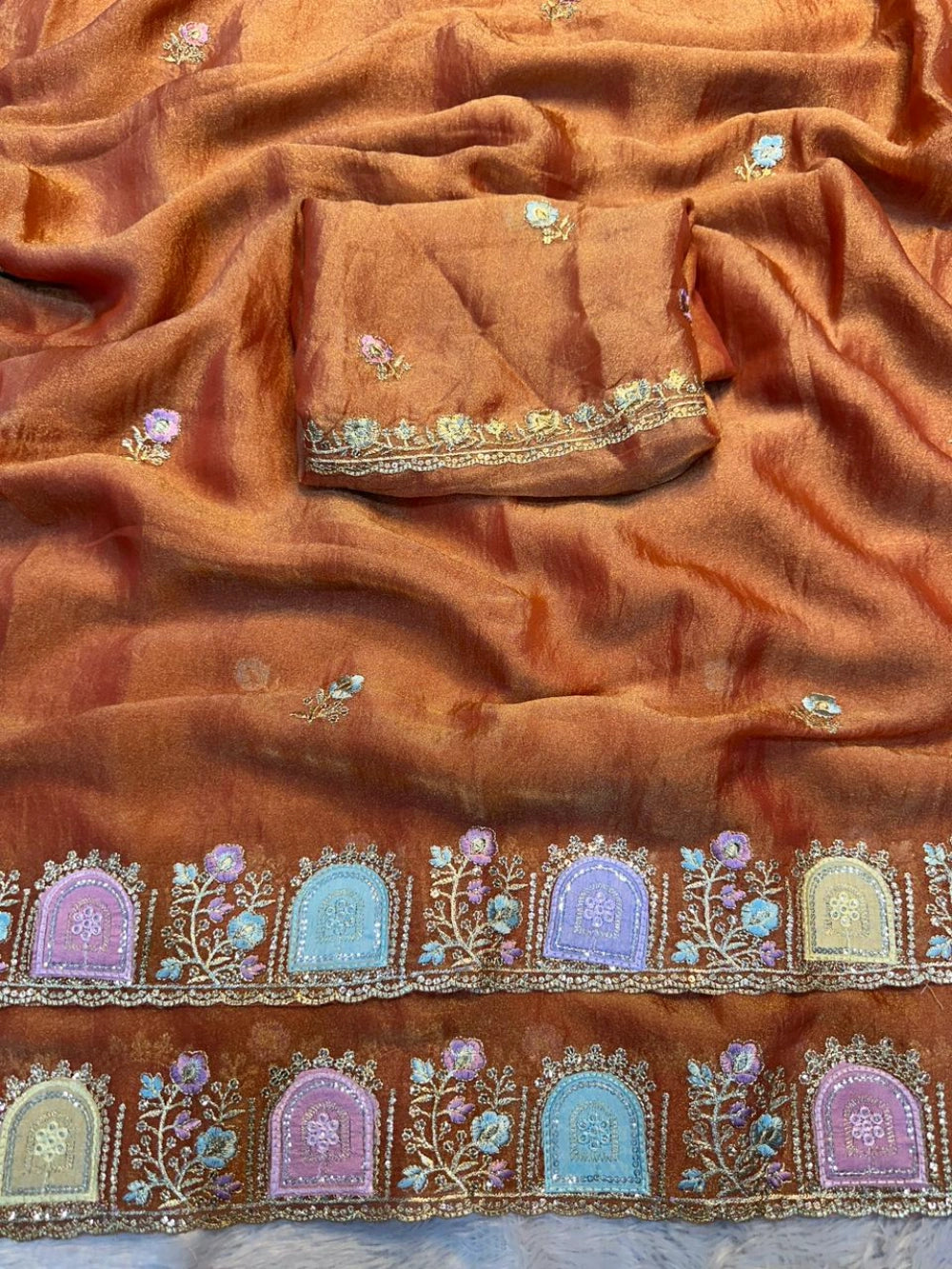 Star Satin Georgette Saree with Embroidered Thread & Sequin Border – Running Work Blouse Included