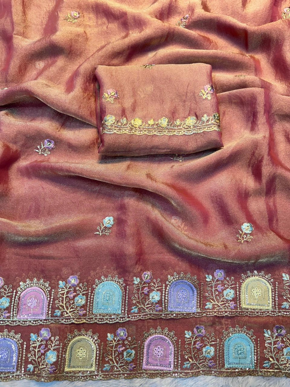 Star Satin Georgette Saree with Embroidered Thread & Sequin Border – Running Work Blouse Included