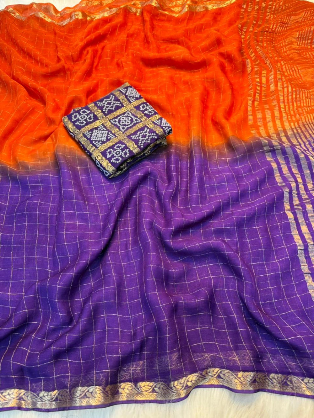Viscose Georgette Saree with Heavy Bandhani Print & Matching Viscose Blouse