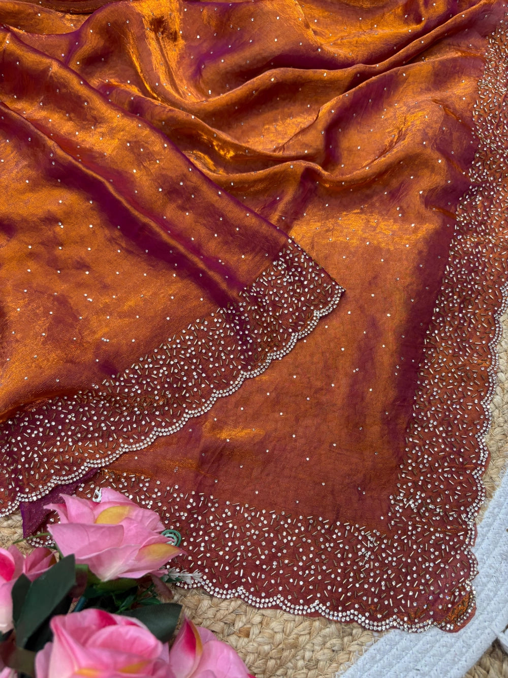 Quality Fendi Space Silk Saree with All‑Over Jarkhan Work & Running Embroidery Blouse