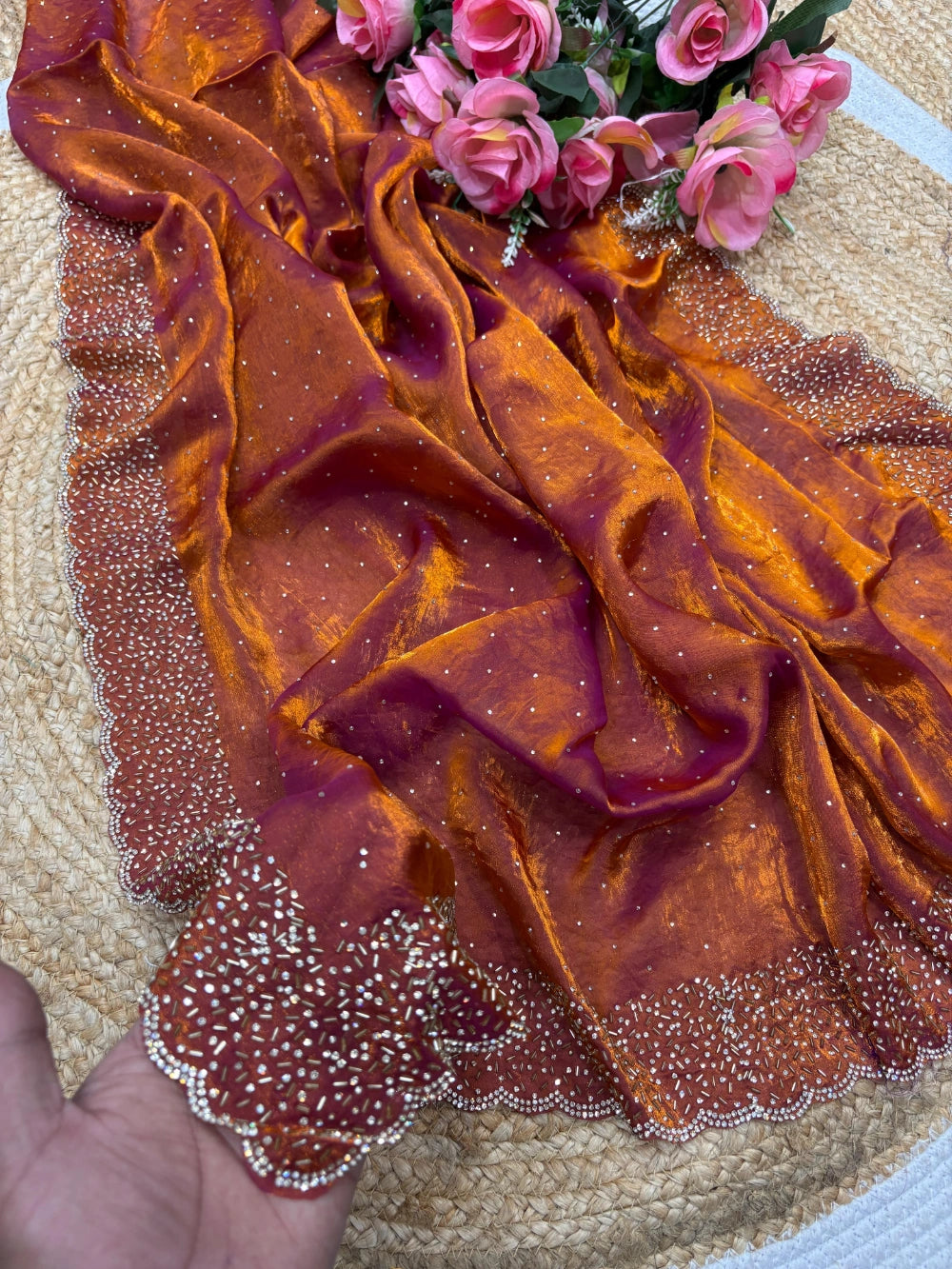 Quality Fendi Space Silk Saree with All‑Over Jarkhan Work & Running Embroidery Blouse