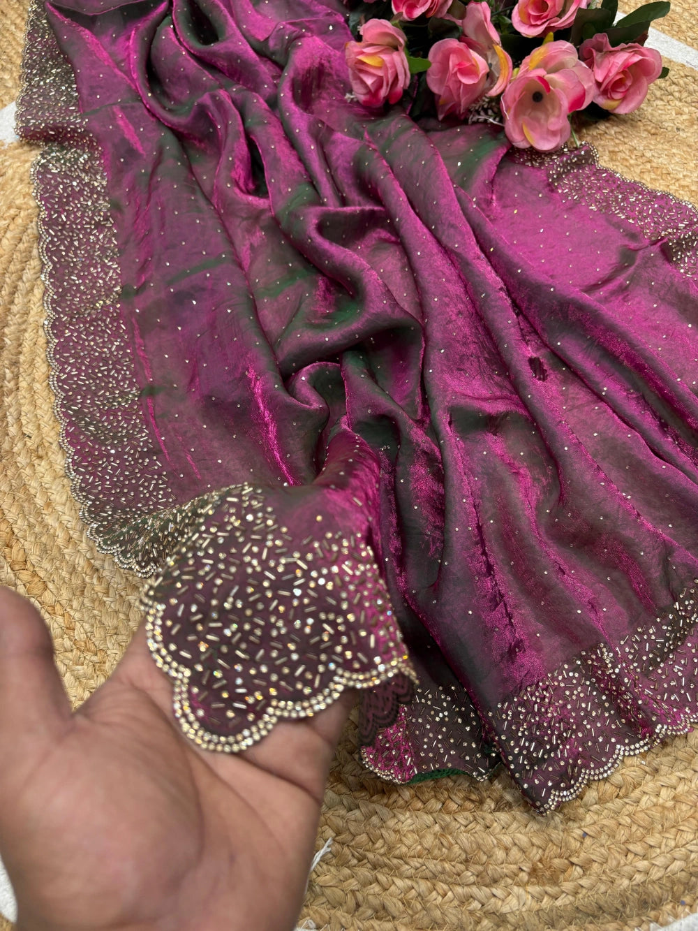 Quality Fendi Space Silk Saree with All‑Over Jarkhan Work & Running Embroidery Blouse