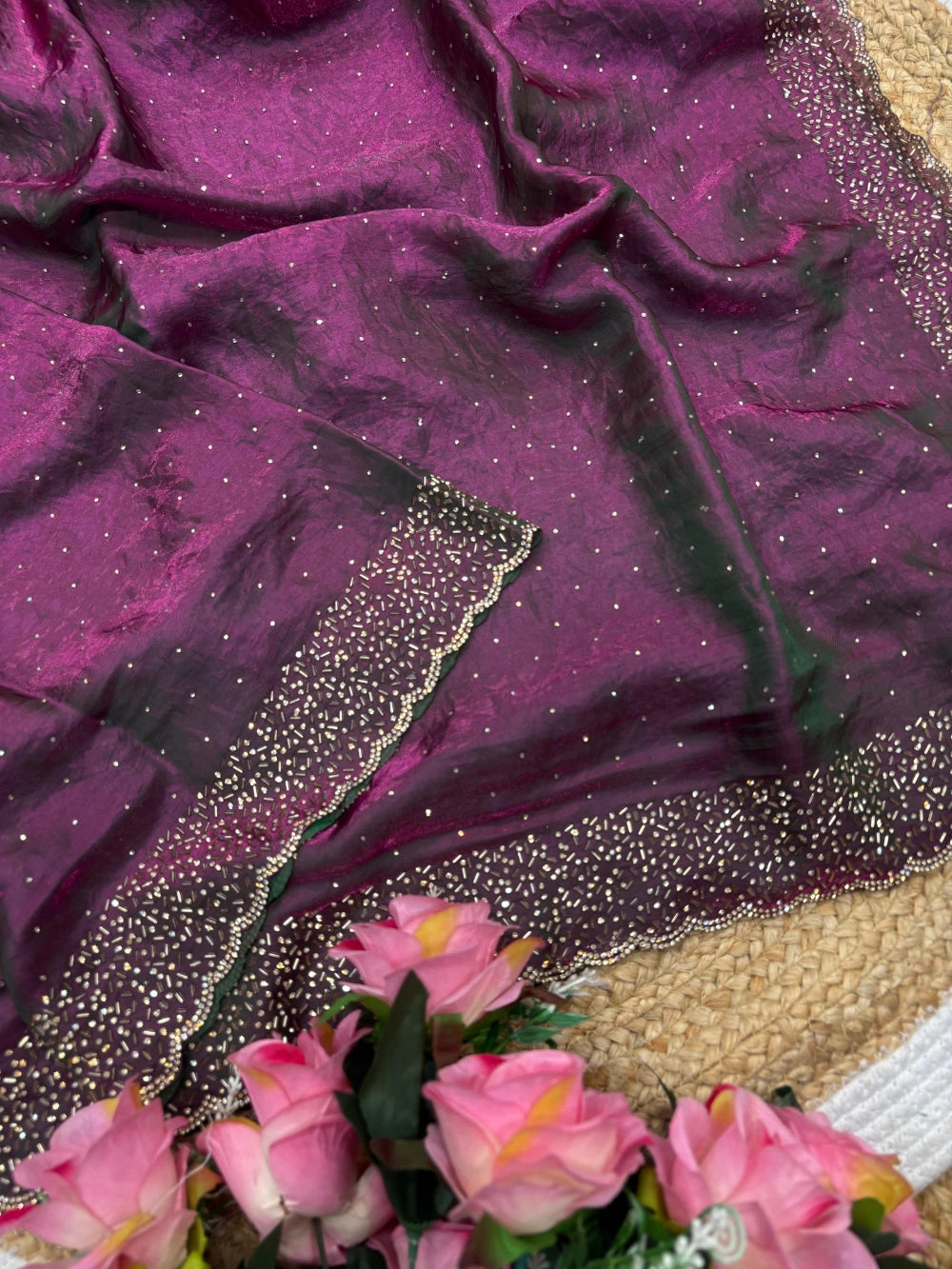 Quality Fendi Space Silk Saree with All‑Over Jarkhan Work & Running Embroidery Blouse