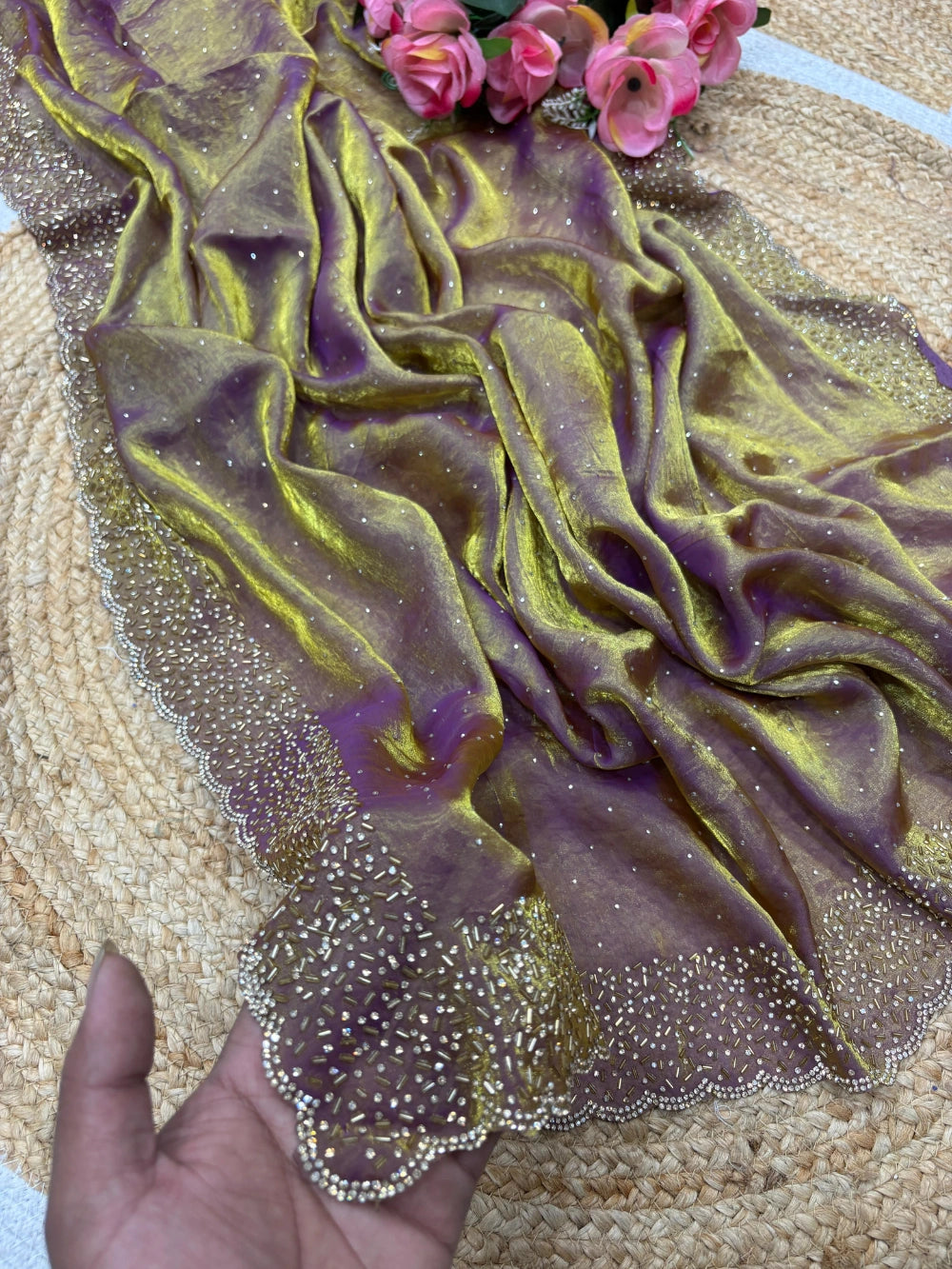 Quality Fendi Space Silk Saree with All‑Over Jarkhan Work & Running Embroidery Blouse