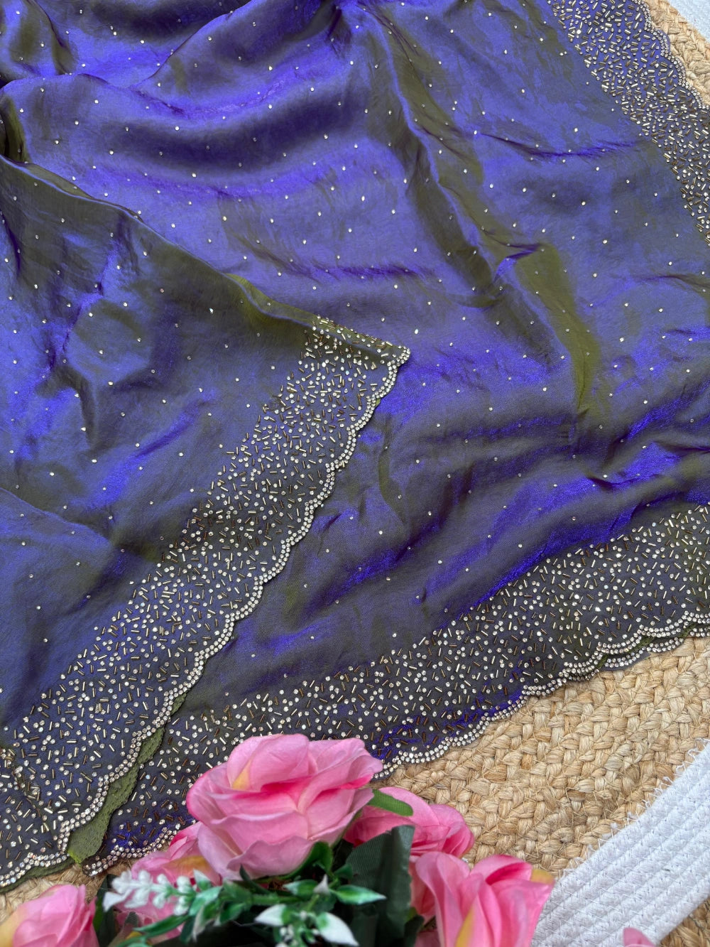 Quality Fendi Space Silk Saree with All‑Over Jarkhan Work & Running Embroidery Blouse