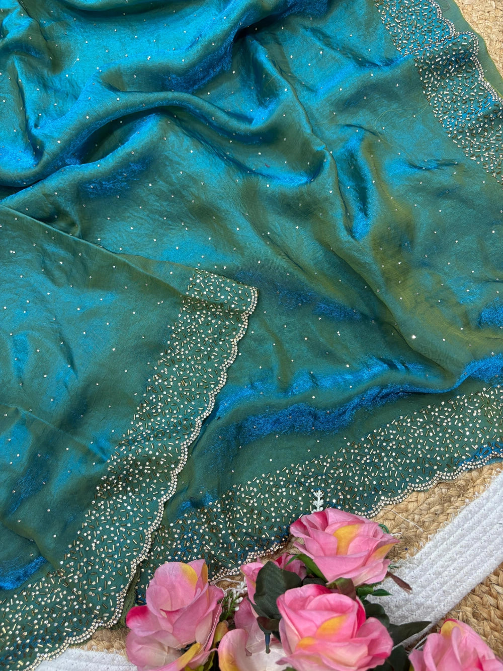 Quality Fendi Space Silk Saree with All‑Over Jarkhan Work & Running Embroidery Blouse