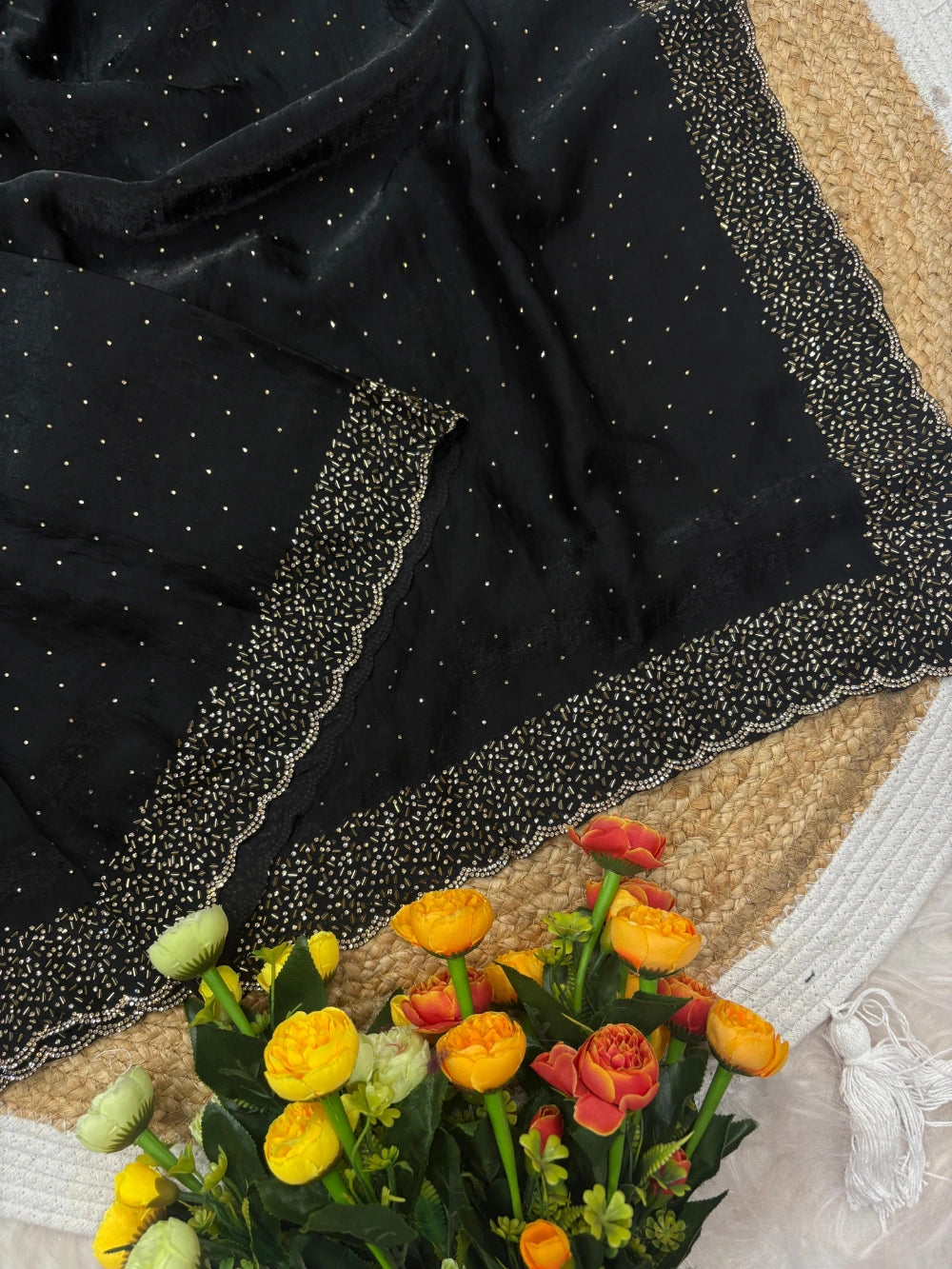 Quality Fendi Space Silk Saree with All‑Over Jarkhan Work & Running Embroidery Blouse