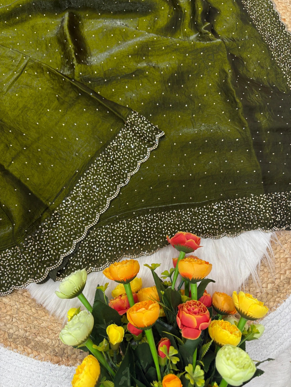 Quality Fendi Space Silk Saree with All‑Over Jarkhan Work & Running Embroidery Blouse