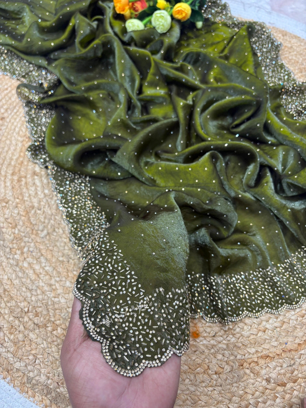 Quality Fendi Space Silk Saree with All‑Over Jarkhan Work & Running Embroidery Blouse