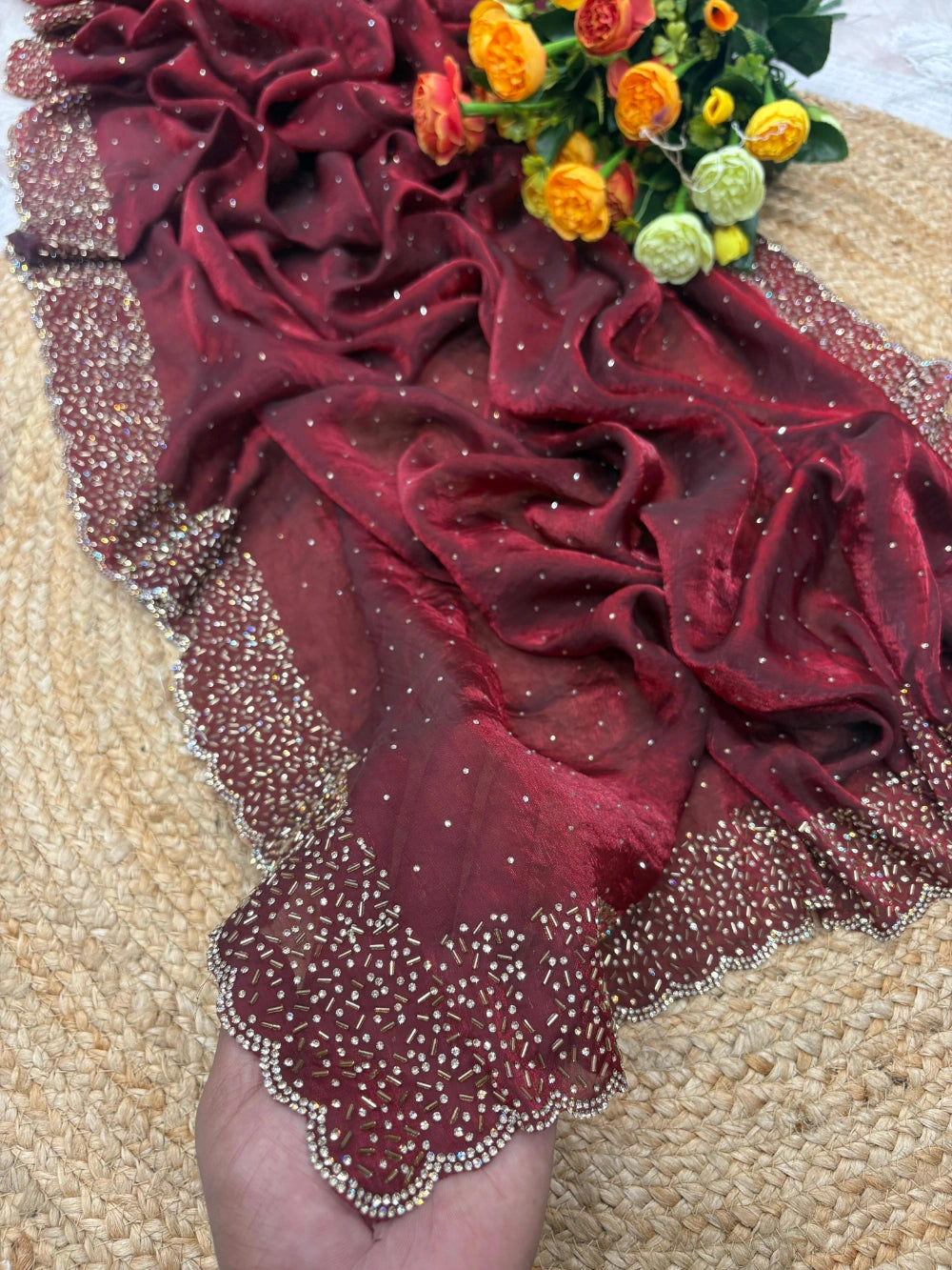 Quality Fendi Space Silk Saree with All‑Over Jarkhan Work & Running Embroidery Blouse