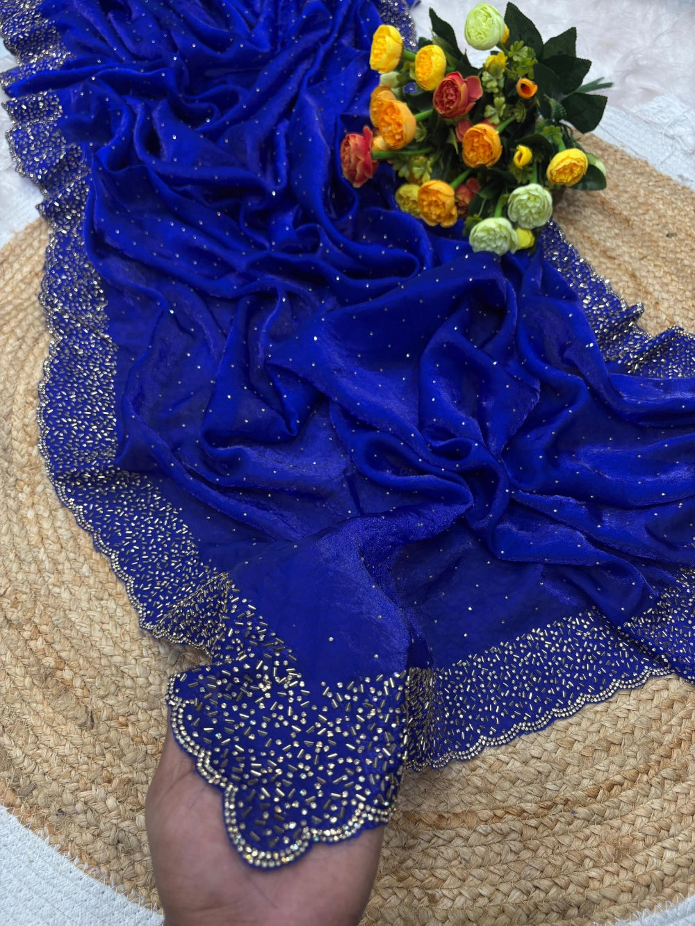 Quality Fendi Space Silk Saree with All‑Over Jarkhan Work & Running Embroidery Blouse