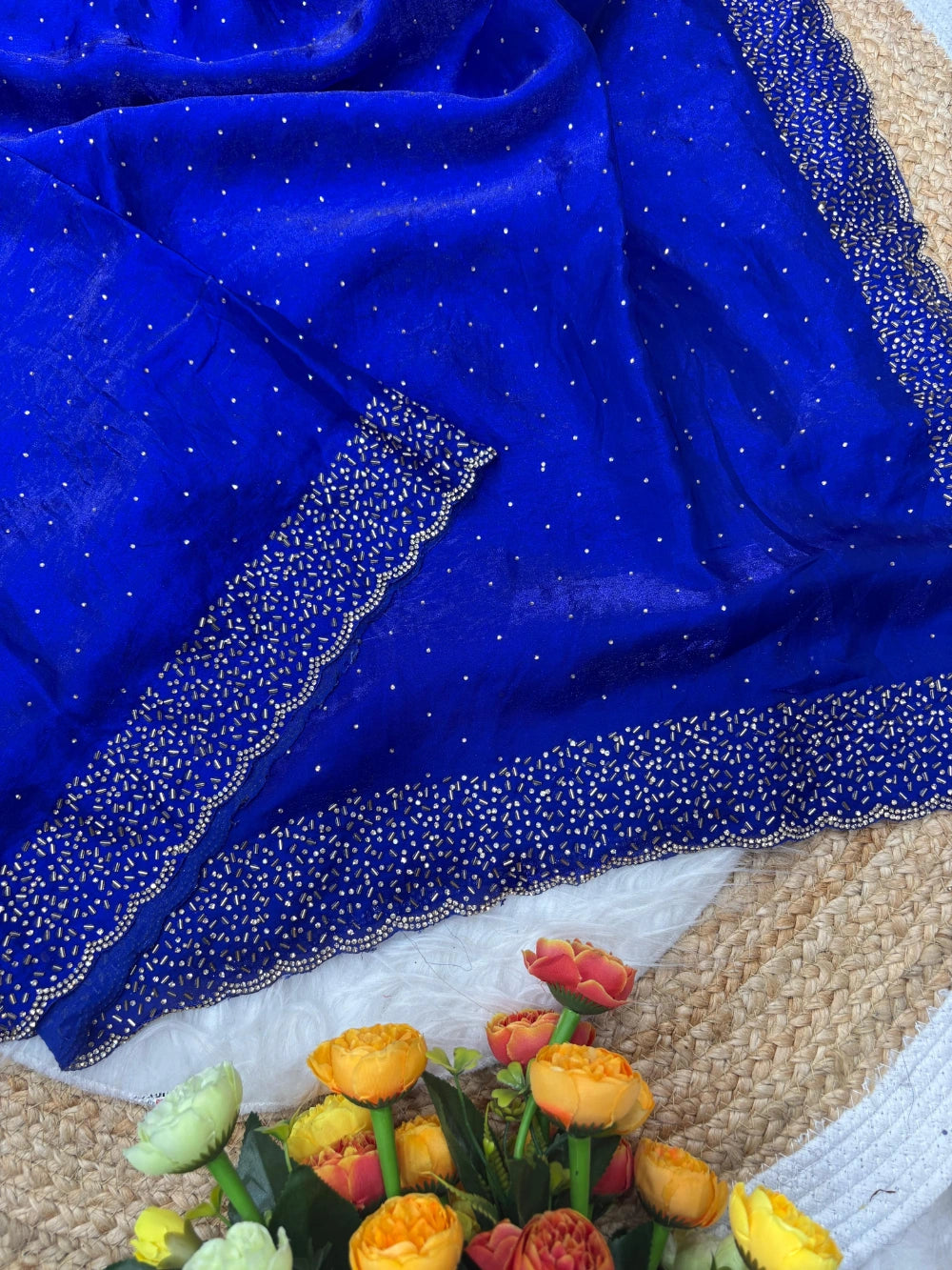 Quality Fendi Space Silk Saree with All‑Over Jarkhan Work & Running Embroidery Blouse