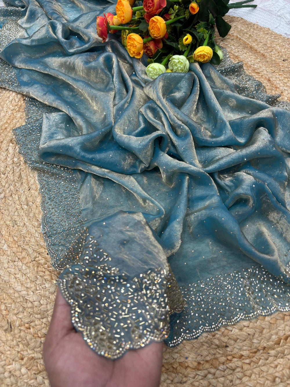 Quality Fendi Space Silk Saree with All‑Over Jarkhan Work & Running Embroidery Blouse
