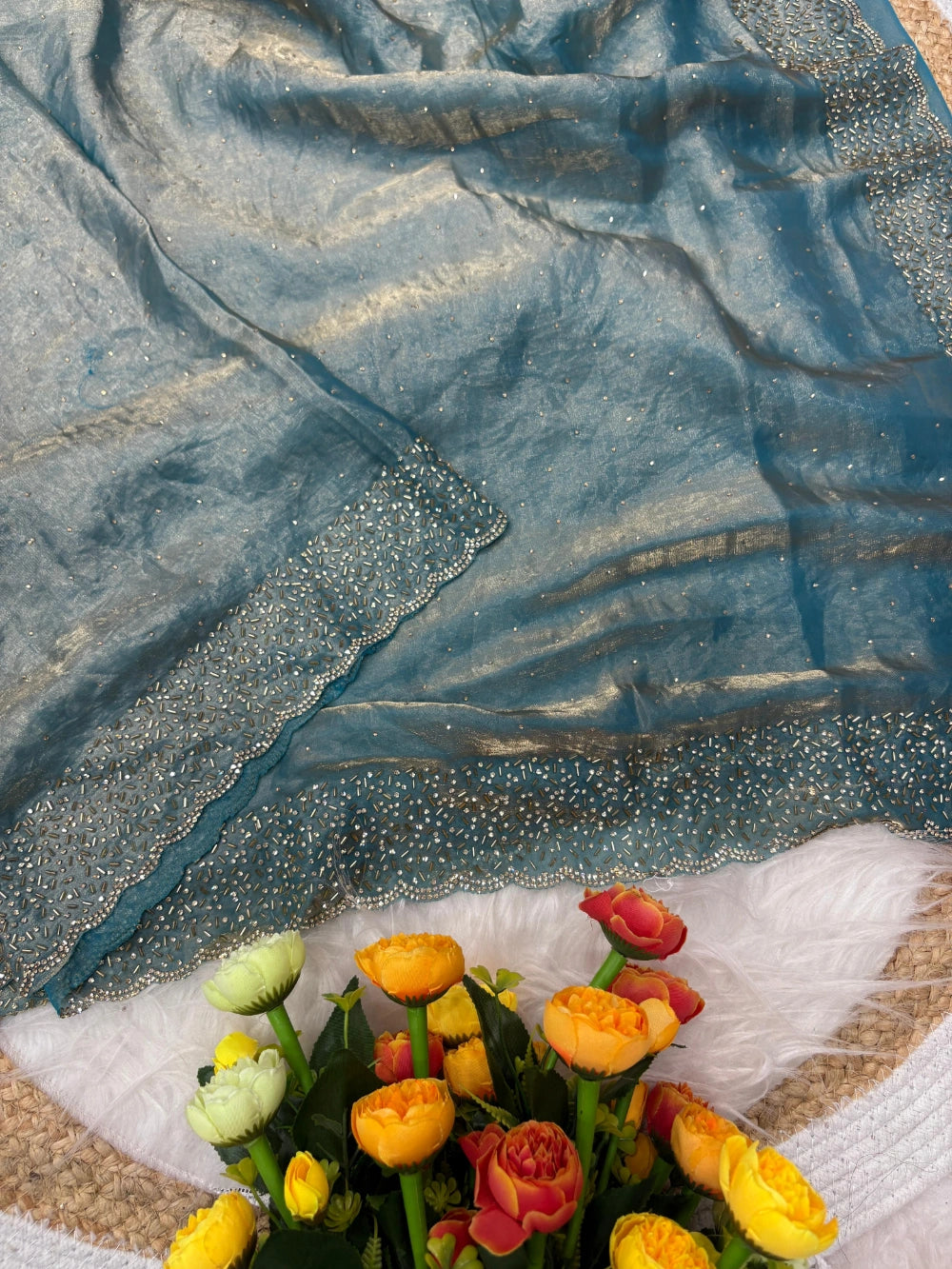 Quality Fendi Space Silk Saree with All‑Over Jarkhan Work & Running Embroidery Blouse