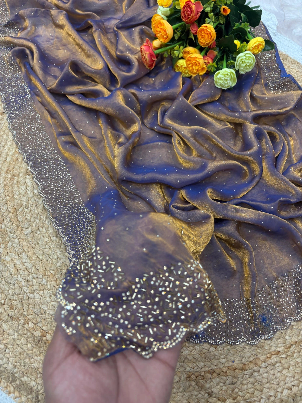Quality Fendi Space Silk Saree with All‑Over Jarkhan Work & Running Embroidery Blouse