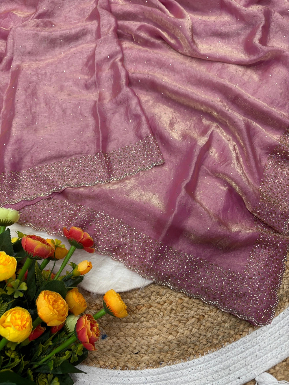 Quality Fendi Space Silk Saree with All‑Over Jarkhan Work & Running Embroidery Blouse