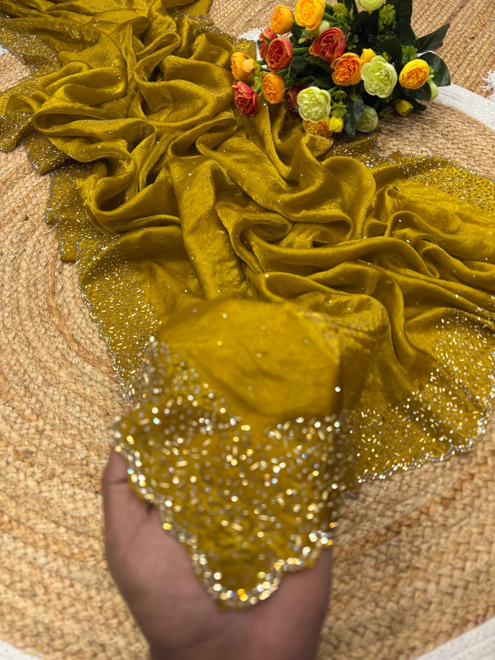 Quality Fendi Space Silk Saree with All‑Over Jarkhan Work & Running Embroidery Blouse