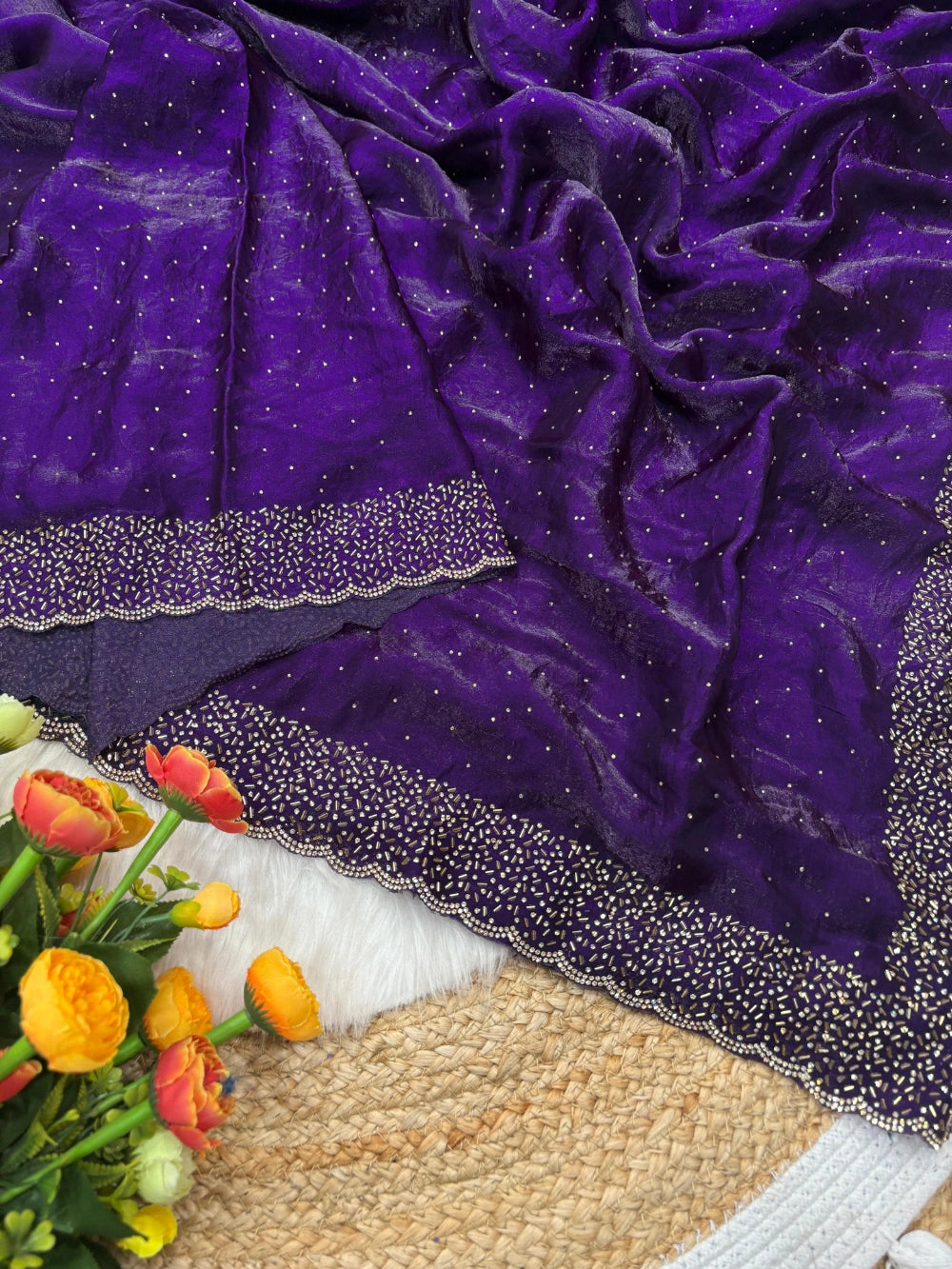 Quality Fendi Space Silk Saree with All‑Over Jarkhan Work & Running Embroidery Blouse