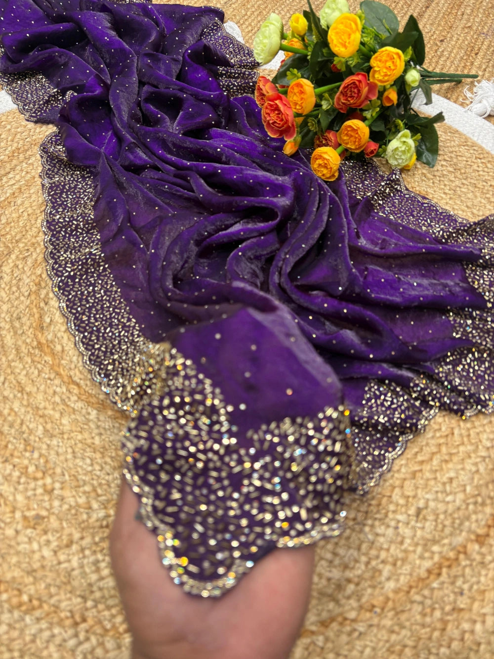 Quality Fendi Space Silk Saree with All‑Over Jarkhan Work & Running Embroidery Blouse