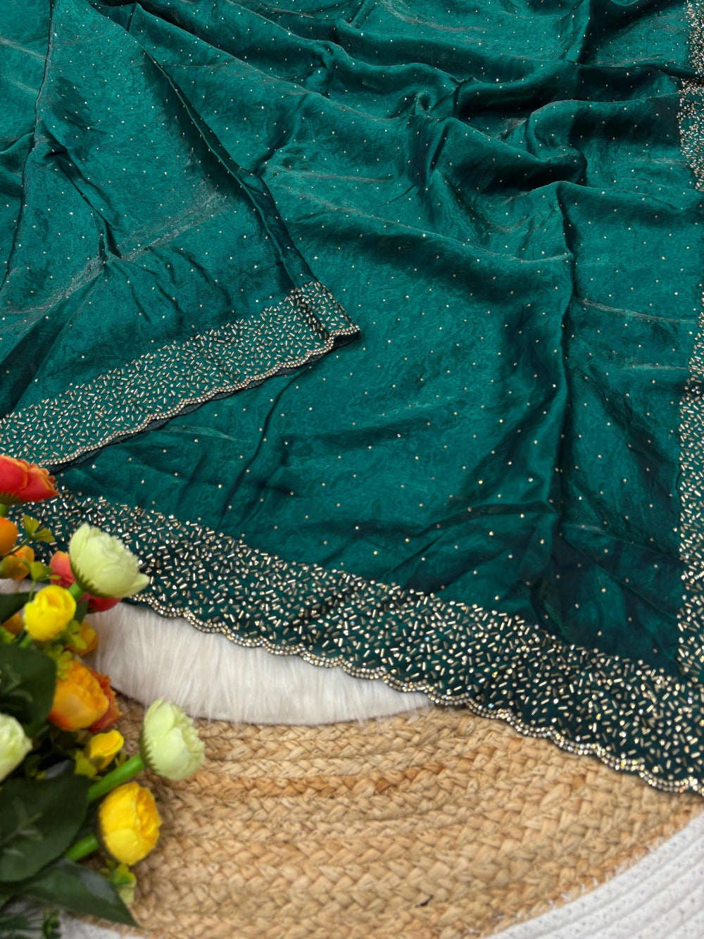 Quality Fendi Space Silk Saree with All‑Over Jarkhan Work & Running Embroidery Blouse
