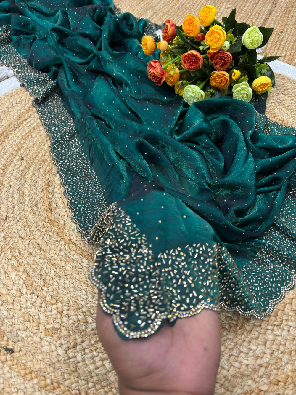 Quality Fendi Space Silk Saree with All‑Over Jarkhan Work & Running Embroidery Blouse