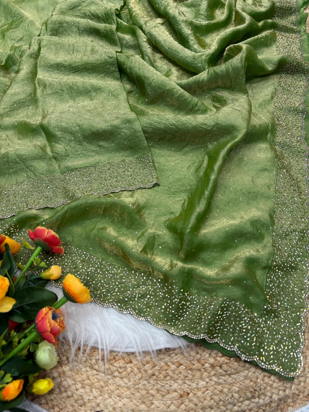 Quality Fendi Space Silk Saree with All‑Over Jarkhan Work & Running Embroidery Blouse