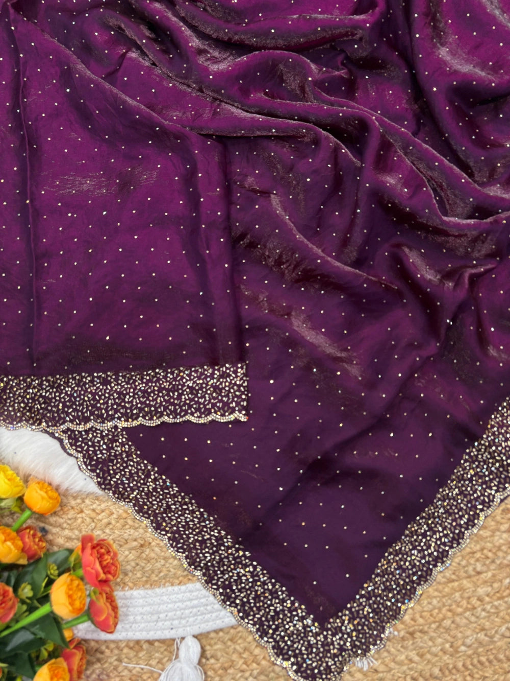 Quality Fendi Space Silk Saree with All‑Over Jarkhan Work & Running Embroidery Blouse