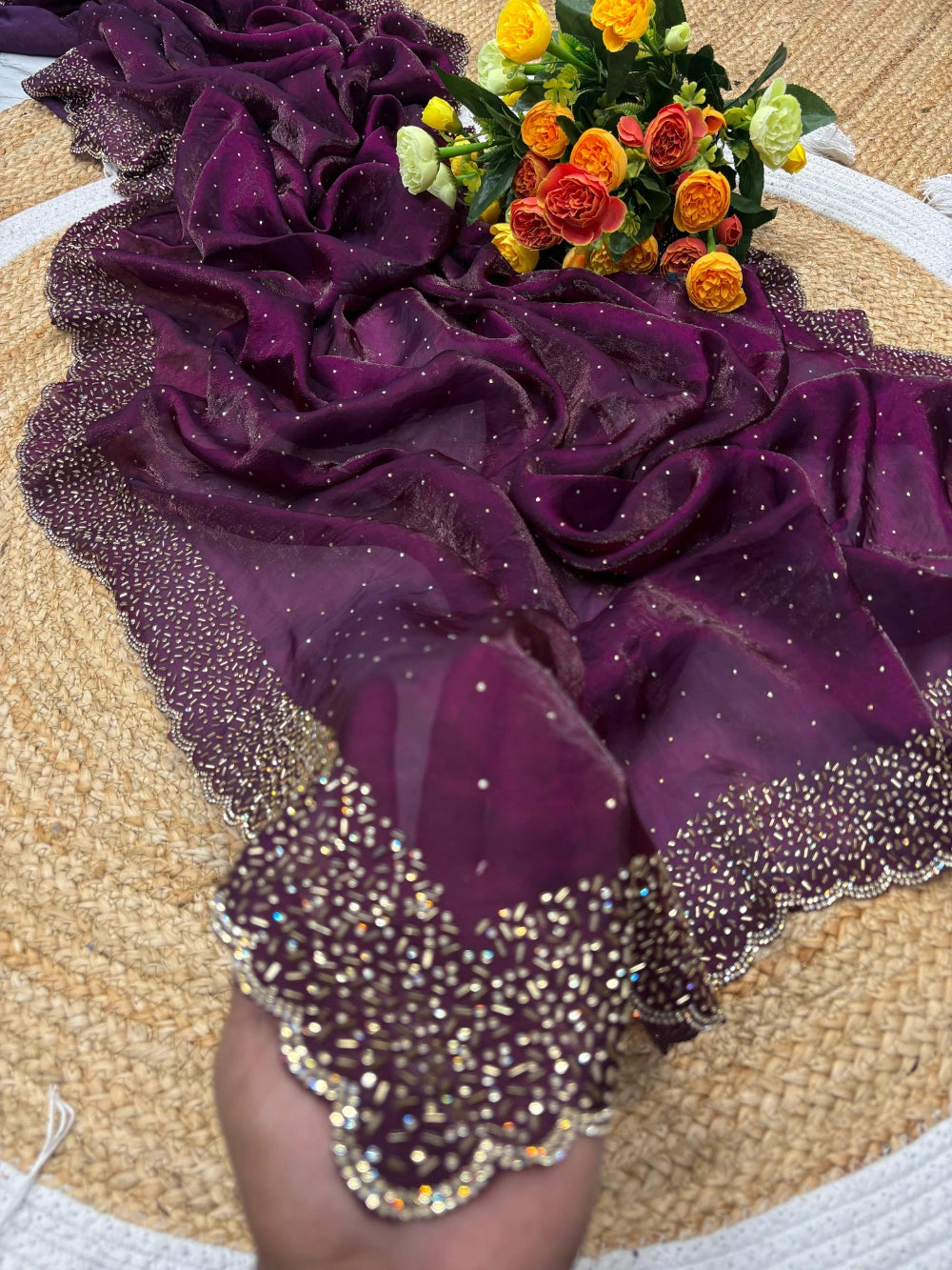 Quality Fendi Space Silk Saree with All‑Over Jarkhan Work & Running Embroidery Blouse