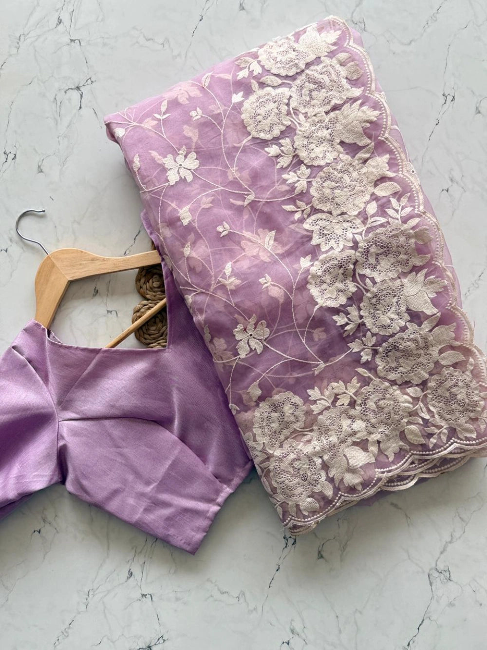 Premium Organza Tissue Saree with Multi Cotton Thread Work & Scallop Border – Bangalori Silk Blouse (Lilac)