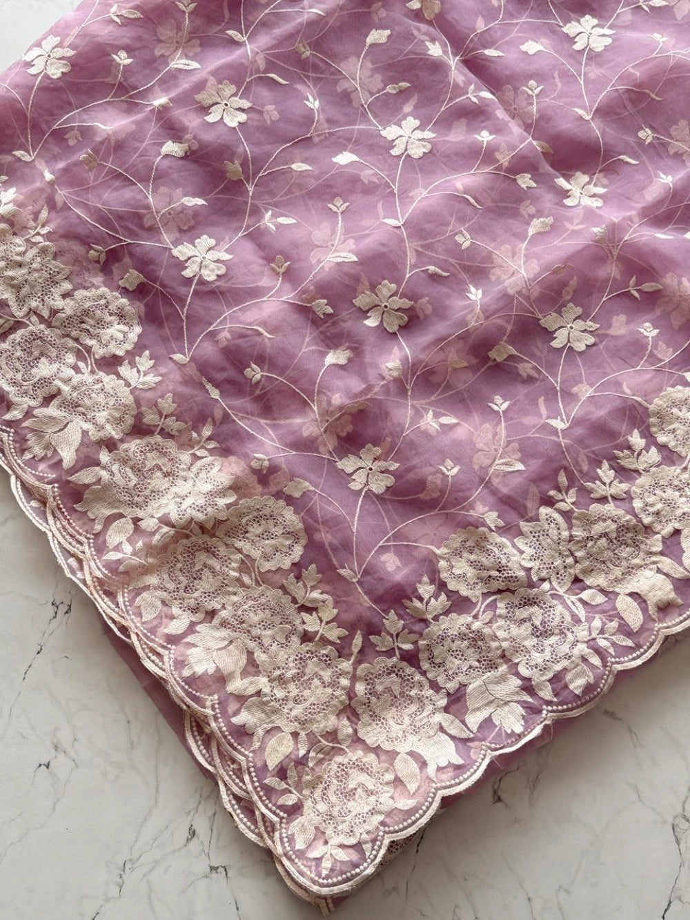 Premium Organza Tissue Saree with Multi Cotton Thread Work & Scallop Border – Bangalori Silk Blouse (Lilac)