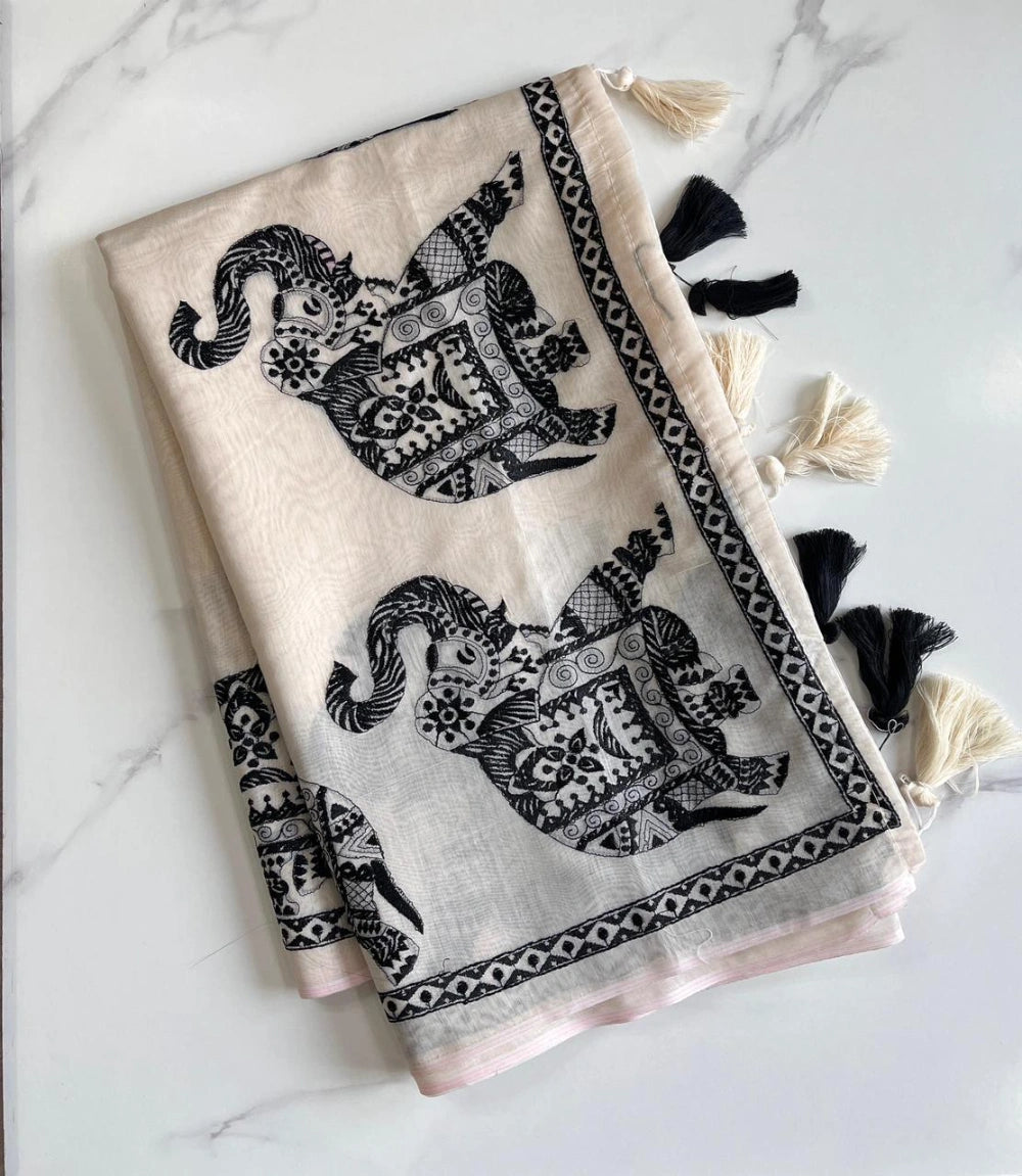 Premium Pure Chanderi Cotton Saree with Multi Thread Elephant Motif & Heavy Tassels – Bangalori Silk Blouse