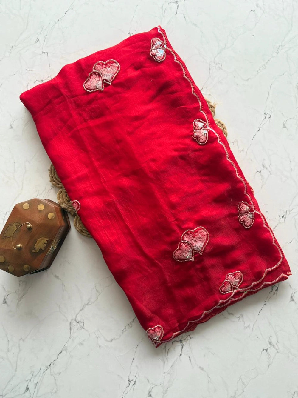 Premium Pure Fendi Space Silk Saree with Heart Butti Sequence Design & Scallop Border – Heavy Running Blouse