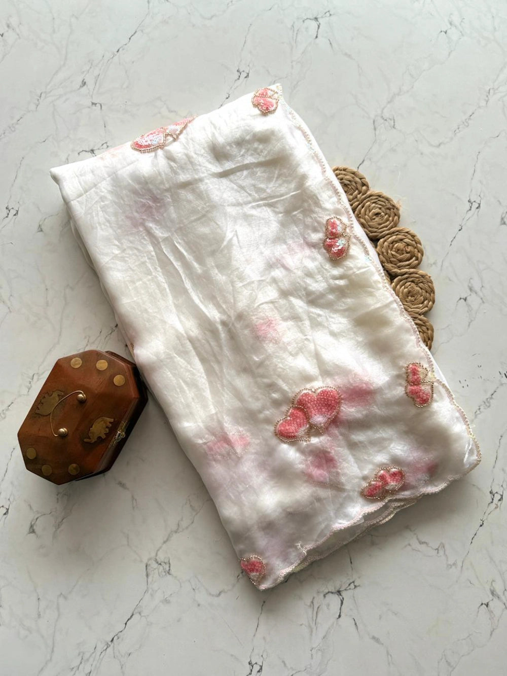 Premium Pure Fendi Space Silk Saree with Heart Butti Sequence Design & Scallop Border – Heavy Running Blouse