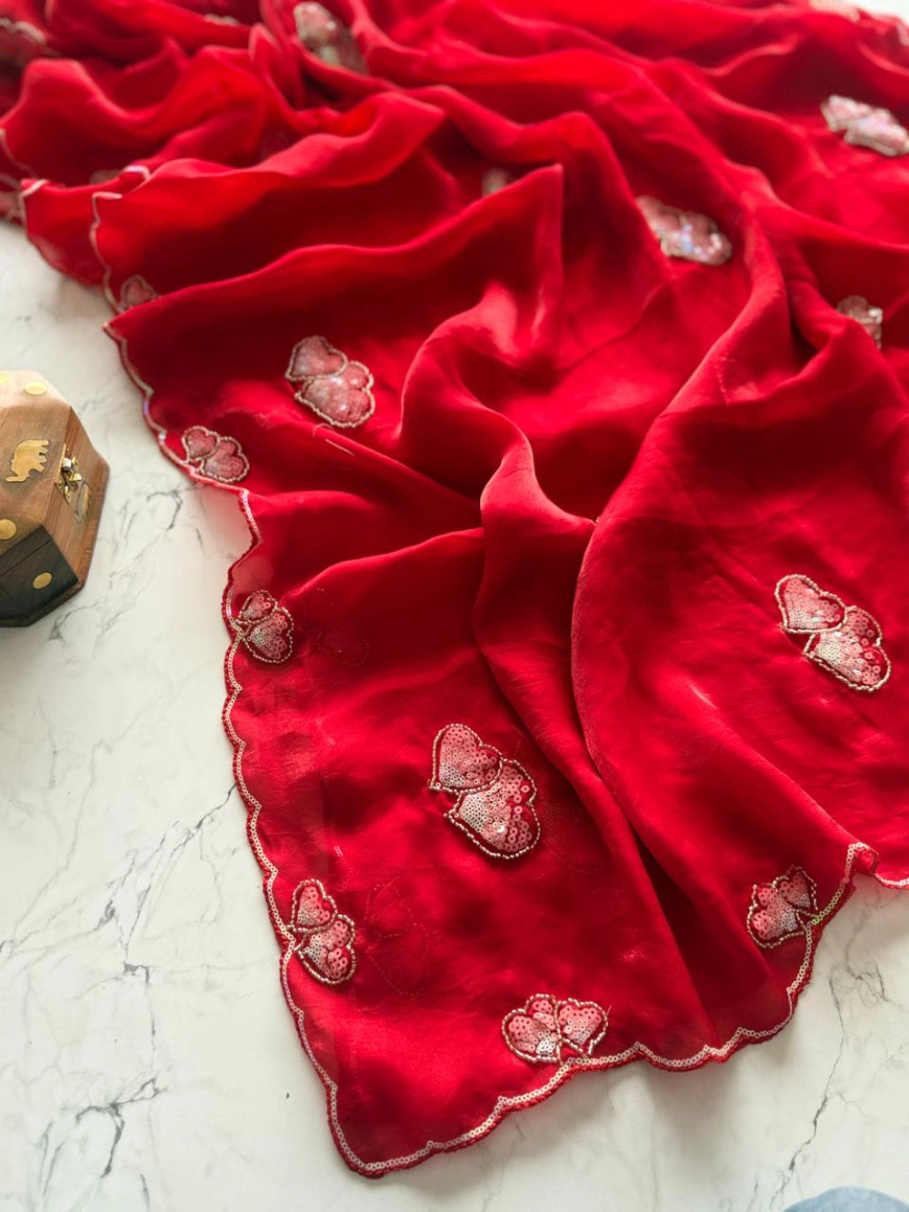 Premium Pure Fendi Space Silk Saree with Heart Butti Sequence Design & Scallop Border – Heavy Running Blouse