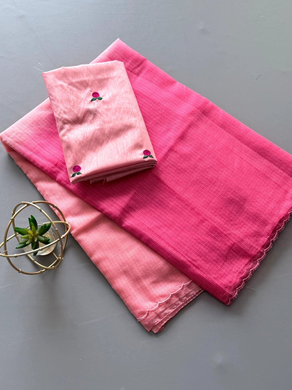 Premium Pure Viscose Kota Doriya Saree with Dual‑Tone Padding & Scallop Border – Bangalori Silk Knot Work Blouse