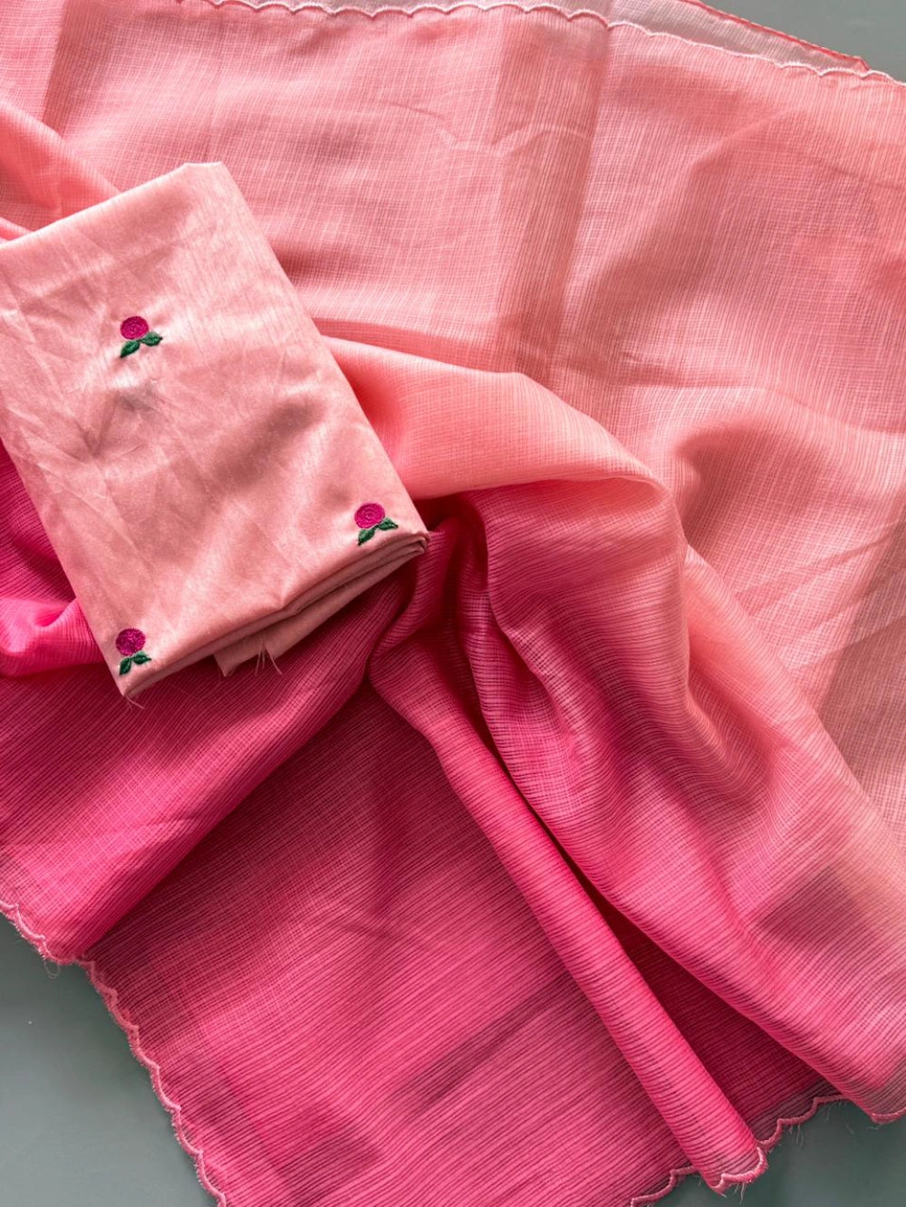 Premium Pure Viscose Kota Doriya Saree with Dual‑Tone Padding & Scallop Border – Bangalori Silk Knot Work Blouse