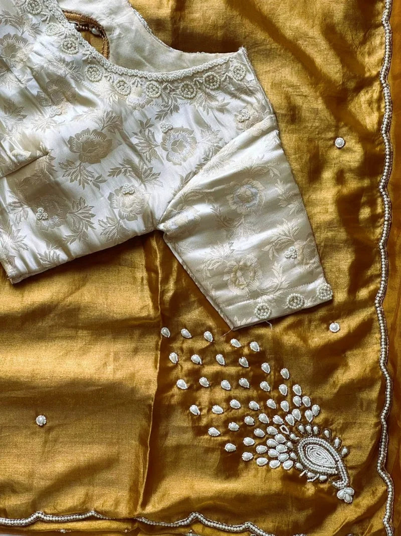 Exclusive Golden Peacock Saree – Pure Soft Space Silk with Handwork & Pearl Pallu