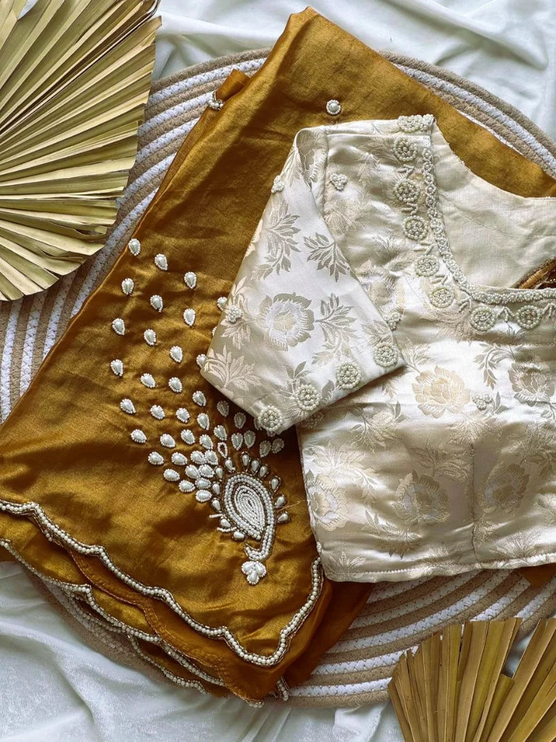 Exclusive Golden Peacock Saree – Pure Soft Space Silk with Handwork & Pearl Pallu